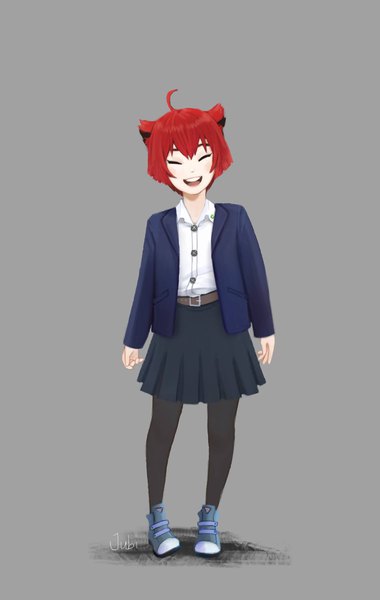 Anime picture 1299x2048 with original milk (jubi) jubi (regiana) single tall image looking at viewer fringe short hair open mouth smile standing signed animal ears full body ahoge red hair eyes closed pleated skirt cat ears grey background