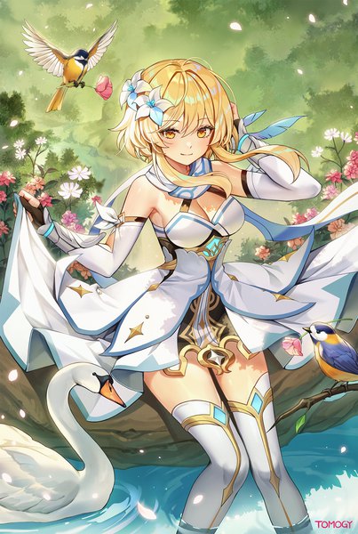 Anime picture 1500x2233 with genshin impact lumine (genshin impact) tomogy single tall image looking at viewer fringe short hair breasts light erotic blonde hair hair between eyes large breasts sitting signed yellow eyes cleavage outdoors hair flower light smile