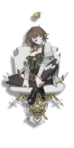Anime picture 512x1024 with caligula wicked (caligula) oguchi (sugimoto gang) single tall image looking at viewer fringe short hair light erotic smile brown hair sitting brown eyes full body head tilt off shoulder official art torn clothes symbol-shaped pupils transparent background