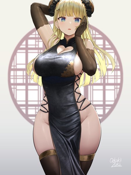Anime picture 900x1200 with original oekakizuki single long hair tall image looking at viewer blush fringe breasts open mouth blue eyes light erotic simple background blonde hair large breasts standing signed cleavage blunt bangs traditional clothes
