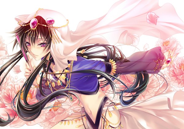 Anime picture 1000x705 with code geass sunrise (studio) luluko (code geass) saru (pixiv 1267140) single long hair looking at viewer blush open mouth black hair smile pink eyes open clothes midriff pink background otoko no ko dancing crossdress boy hair ornament