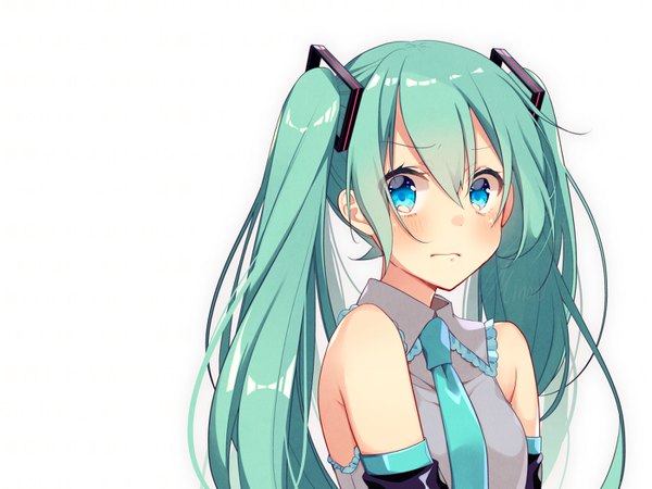 Anime picture 1400x1050 with vocaloid hatsune miku asagao minoru single long hair looking at viewer fringe blue eyes simple background hair between eyes white background twintails bare shoulders upper body aqua hair girl necktie