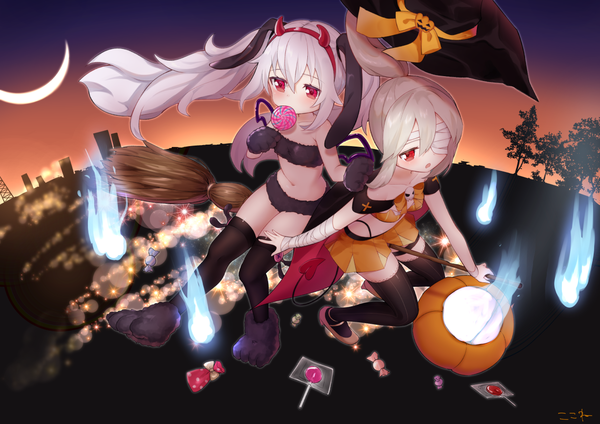 Anime-Bild 1228x868 mit azur lane ayanami (azur lane) laffey (azur lane) ayanami (witch in ambush) (azur lane) kokone (coconeeeco) long hair looking at viewer blush fringe open mouth light erotic hair between eyes red eyes twintails bare shoulders multiple girls holding signed animal ears payot