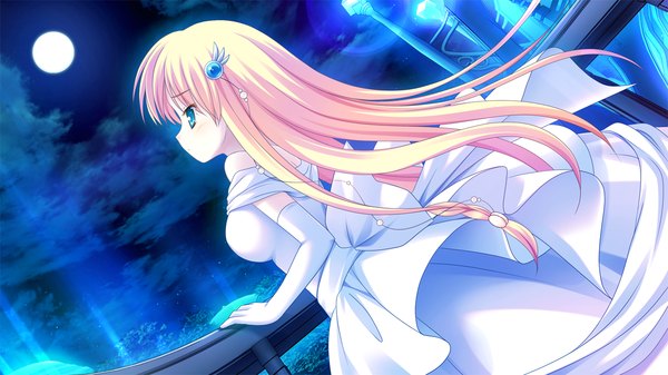Anime picture 1280x720 with princess-style orfina von rubens yuyi single long hair blue eyes blonde hair wide image game cg profile night girl dress gloves hair ornament elbow gloves white gloves white dress moon full moon