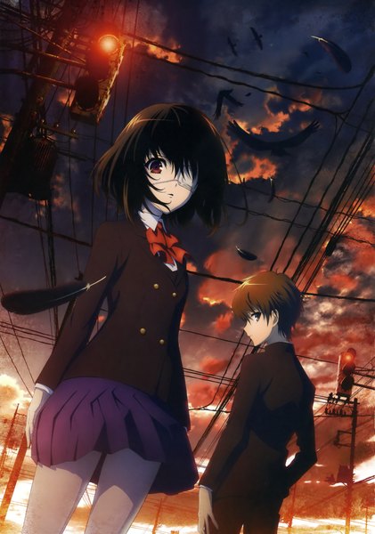 Anime picture 2958x4214 with another p.a. works misaki mei sakakibara kouichi ishii yuriko tall image looking at viewer highres short hair black hair red eyes brown hair cloud (clouds) looking back couple evening sunset city lights girl boy