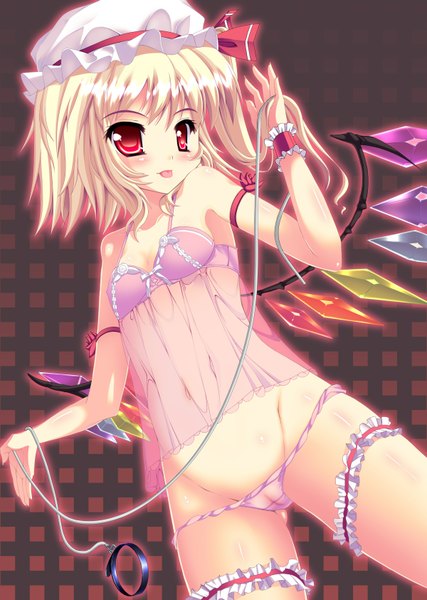 Anime picture 1200x1686 with touhou flandre scarlet natsumiya yuzu single tall image blush short hair light erotic blonde hair red eyes underwear only one side up girl underwear panties bow wings tongue collar bonnet