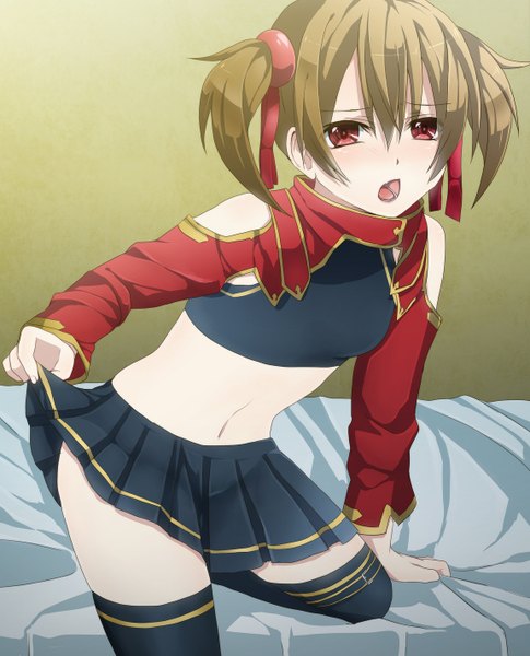 Anime picture 1152x1425 with sword art online a-1 pictures silica keita (tundereyuina) tall image blush short hair open mouth red eyes brown hair twintails short twintails girl thighhighs skirt navel ribbon (ribbons) black thighhighs hair ribbon miniskirt