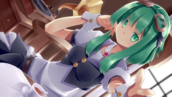 Anime-Bild 4800x2700 mit vocaloid gumi highres wide image green eyes absurdres green hair girl glasses coffee phonograph