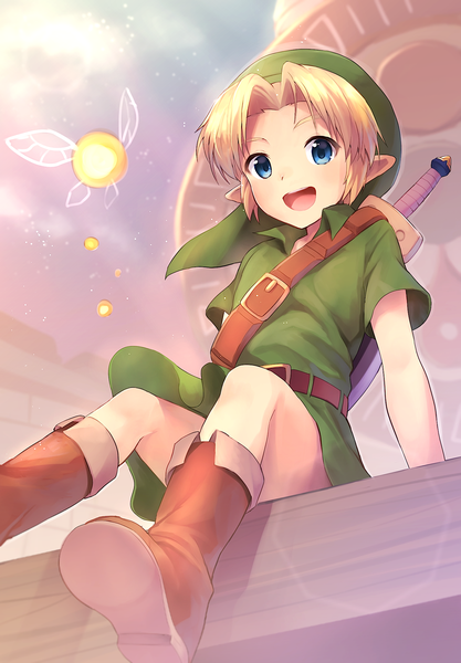 Anime picture 1378x1981 with the legend of zelda the legend of zelda: majora's mask nintendo link young link tatl cocolo (co co lo) single tall image looking at viewer blush short hair open mouth blue eyes blonde hair smile sitting sky outdoors :d