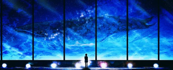 Anime picture 1492x607 with original harada miyuki single short hair wide image standing from behind shadow light underwater revision silhouette ambiguous gender animal water bubble (bubbles) lamp whale