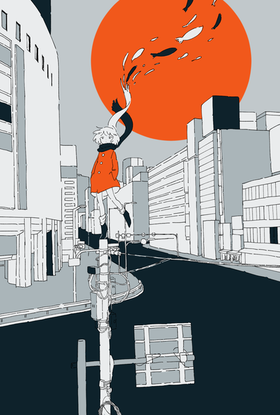 Anime picture 1378x2039 with original mitsuki sanagi single tall image short hair standing full body outdoors city monochrome standing on one leg hands in pockets spot color girl animal scarf building (buildings) fish (fishes) coat