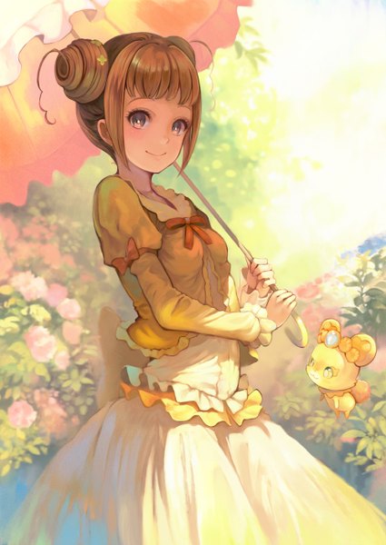 Anime picture 921x1300 with precure dokidoki! precure toei animation yotsuba alice cure rosetta toromi chuka long hair tall image looking at viewer fringe smile brown hair standing holding yellow eyes hair flower sunlight hair bun (hair buns) girl dress