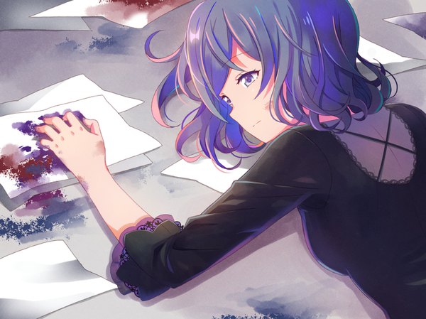 Anime picture 1467x1100 with original shati single long hair short hair blue eyes blue hair looking away upper body lying on stomach girl paper