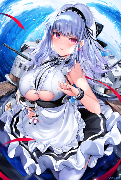 Anime picture 1500x2226 with azur lane dido (azur lane) zerocat single long hair tall image looking at viewer blush fringe breasts light erotic large breasts standing holding signed silver hair blunt bangs pink eyes maid sleeveless