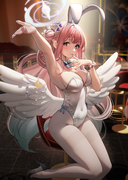 Anime picture 2976x4175 with blue archive mika (blue archive) nanaken nana single tall image looking at viewer blush fringe highres breasts light erotic large breasts sitting animal ears pink hair cleavage bent knee (knees) indoors blunt bangs very long hair