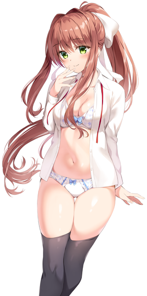 Anime picture 637x1283 with doki doki literature club monika (doki doki literature club) oryou single long hair tall image looking at viewer blush fringe breasts light erotic simple background smile hair between eyes brown hair standing white background green eyes payot cleavage