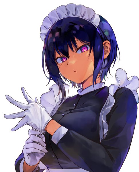 Anime picture 944x1169 with saikin yatotta maid ga ayashii lilith (saikin yatotta maid ga ayashii) konbu wakame single tall image looking at viewer fringe short hair simple background hair between eyes white background purple eyes blue hair upper body mole official art from below maid mole under eye dark skin