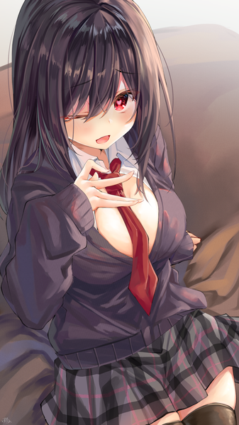 Anime picture 1152x2048 with original yandere-chan (ramchi) ramchi single long hair tall image looking at viewer blush fringe breasts open mouth light erotic black hair smile hair between eyes red eyes large breasts payot cleavage indoors