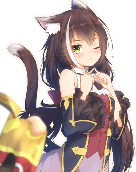 Anime picture 1407x1790 with princess connect! re:dive princess connect! karyl (princess connect!) coreytaiyo long hair tall image blush fringe simple background hair between eyes brown hair standing white background bare shoulders green eyes signed animal ears looking away tail animal tail