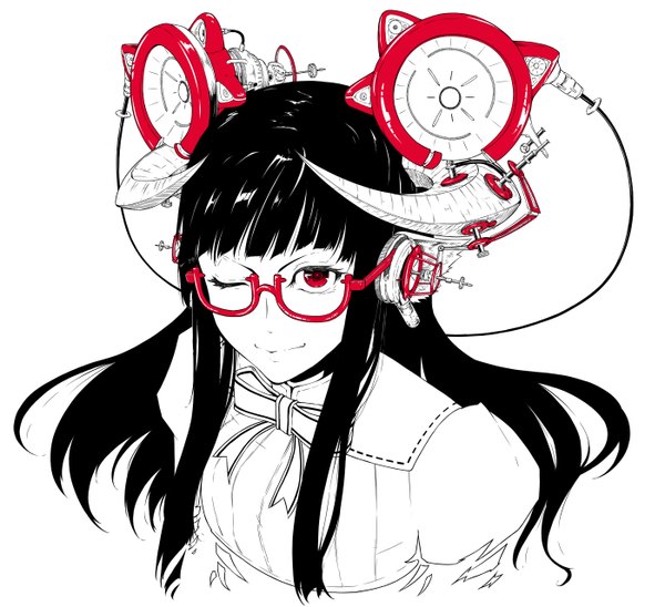 Anime picture 1400x1280 with original jaco single long hair looking at viewer fringe black hair simple background smile red eyes white background one eye closed horn (horns) wink girl glasses headphones