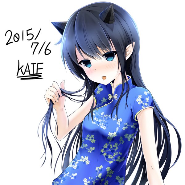 Anime picture 1000x1000 with original kaie single long hair looking at viewer blush blue eyes black hair simple background white background signed traditional clothes horn (horns) pointy ears mole mole under eye floral print dated chinese clothes holding hair