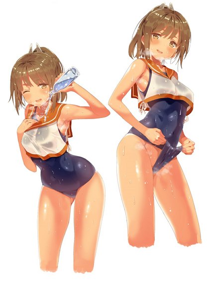 Anime picture 805x1155 with kantai collection i-401 aircraft carrying submarine mx2j (nsh6394) long hair tall image looking at viewer blush open mouth light erotic simple background smile brown hair white background bare shoulders brown eyes ponytail one eye closed wink armpit (armpits) wet