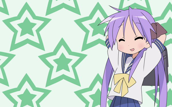 Anime picture 1920x1200 with lucky star kyoto animation hiiragi kagami long hair highres open mouth smile wide image twintails purple hair eyes closed wallpaper arms behind head vector girl uniform hair ornament bow ribbon (ribbons) hair bow