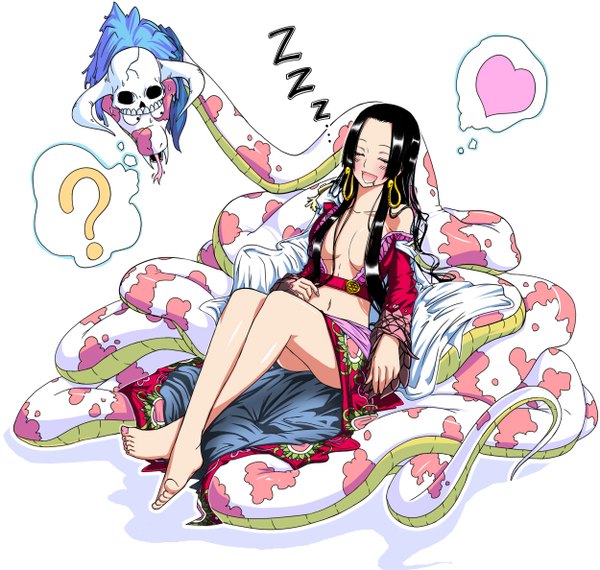 Anime picture 1250x1188 with one piece toei animation boa hancock salome (one piece) nikupizzau single long hair blush open mouth light erotic black hair smile white background bare shoulders cleavage eyes closed barefoot legs girl navel