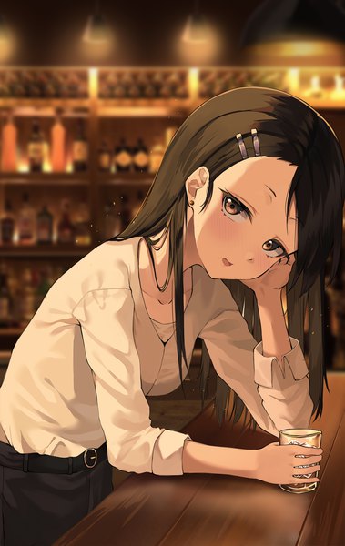 Anime picture 1200x1901 with ijiranaide nagatoro-san nagatoro hayase junkt729 single long hair tall image looking at viewer blush open mouth black hair holding brown eyes indoors long sleeves blurry leaning alternate costume leaning forward head rest dust