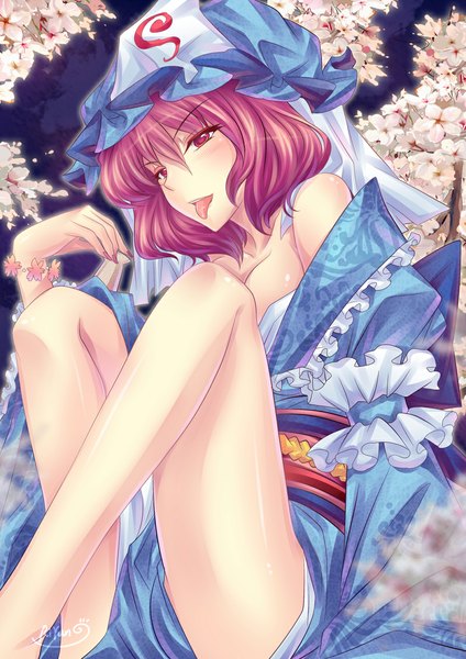 Anime picture 800x1131 with touhou saigyouji yuyuko riyun single tall image blush short hair red eyes pink hair bare legs legs girl dress flower (flowers) tongue bonnet