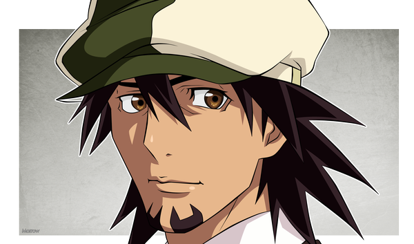 Anime picture 2100x1237 with tiger & bunny sunrise (studio) kaburagi t. kotetsu morrow single looking at viewer highres short hair simple background brown hair wide image brown eyes light smile portrait face vector boy flat cap