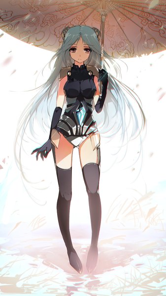 Anime picture 720x1280 with league of legends irelia (league of legends) ajahweea single tall image looking at viewer breasts light erotic brown eyes blue hair very long hair girl thighhighs gloves black thighhighs umbrella oriental umbrella