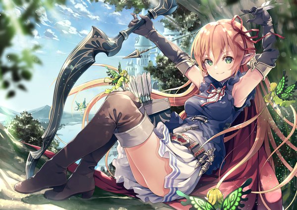 Anime picture 2047x1447 with shadowverse arisa (shadowverse) yoshino ryou long hair looking at viewer blush fringe highres breasts light erotic blonde hair smile sitting multiple girls holding green eyes sky cloud (clouds) full body bent knee (knees)