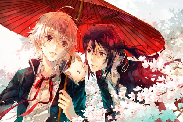 Anime picture 1000x667 with k-project gohands (studio) neko (k project) yashiro isana yatogami kuroh mou-s long hair short hair open mouth black hair blonde hair smile red eyes brown eyes ahoge white hair open clothes open jacket cherry blossoms open collar