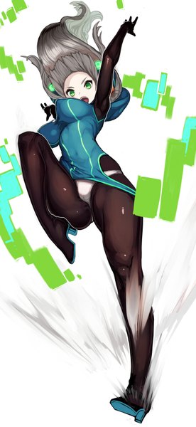 Anime picture 800x1738 with original electro emilia npa (sirokurokuma) single long hair tall image looking at viewer fringe breasts open mouth light erotic large breasts green eyes grey hair high heels erect nipples covered nipples girl gloves underwear