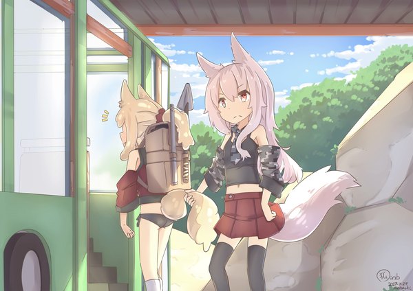 Anime picture 3508x2480 with original hinbackc long hair fringe highres light erotic blonde hair hair between eyes red eyes standing multiple girls holding signed animal ears absurdres sky cloud (clouds) outdoors white hair ponytail