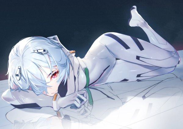 Anime picture 3508x2480 with neon genesis evangelion gainax ayanami rei sydus single looking at viewer fringe highres short hair red eyes absurdres silver hair bent knee (knees) lying hair over one eye thigh gap on side reflection leg up girl
