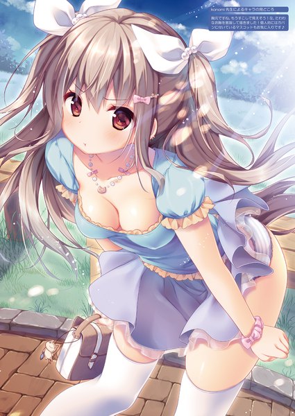 Anime picture 1656x2338 with konomi (kino konomi) single long hair tall image looking at viewer breasts light erotic red eyes grey hair scan girl thighhighs dress underwear panties bow hair bow white thighhighs bag