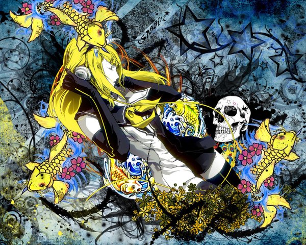 Anime picture 1280x1024 with vocaloid meltdown (vocaloid) kagamine rin single long hair open mouth blonde hair eyes closed girl gloves uniform hair ornament flower (flowers) elbow gloves hairclip headphones star (symbol) fish (fishes) skull wire (wires)
