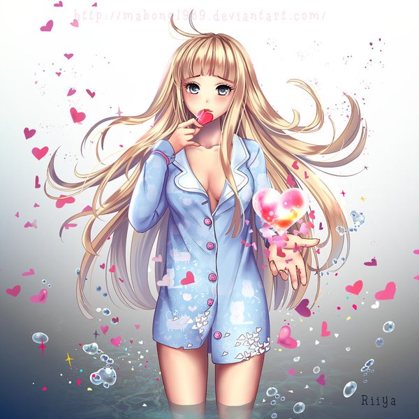 Anime picture 900x900 with original riiya (mabong1989) single long hair looking at viewer blush fringe breasts light erotic blonde hair simple background standing holding signed payot cleavage ahoge blunt bangs lips no bra