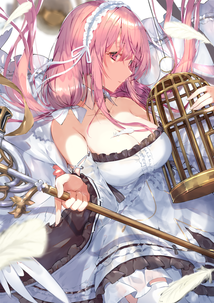 Anime picture 2894x4093 with azur lane perseus (azur lane) kikuragetom single long hair tall image looking at viewer fringe highres breasts light erotic hair between eyes large breasts twintails bare shoulders holding payot pink hair cleavage long sleeves