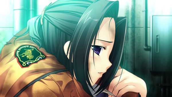 Anime picture 1280x720 with root double fsubakiyama ena long hair blush black hair wide image purple eyes game cg girl