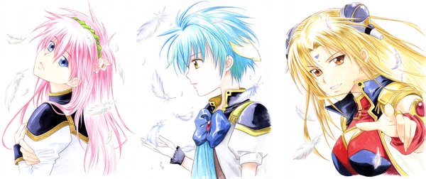 Anime picture 1575x664 with galaxy angel madhouse milfeulle sakuraba mint blancmanche ranpha franboise agahari long hair short hair breasts blue eyes blonde hair wide image large breasts white background multiple girls animal ears yellow eyes blue hair pink hair profile