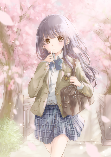 Anime picture 1812x2549 with original hoshiibara mato single long hair tall image looking at viewer blush fringe highres standing holding brown eyes outdoors blunt bangs parted lips pleated skirt wind grey hair cherry blossoms plaid skirt