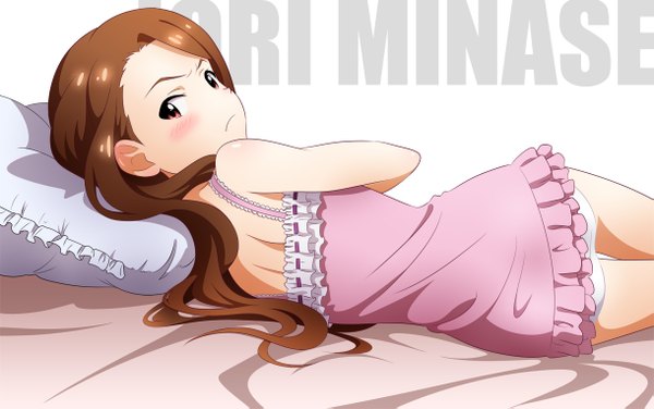 Anime picture 1219x765 with idolmaster minase iori sunsun69 single long hair looking at viewer blush light erotic red eyes brown hair white background lying looking back from behind inscription back on side girl ribbon (ribbons) frills