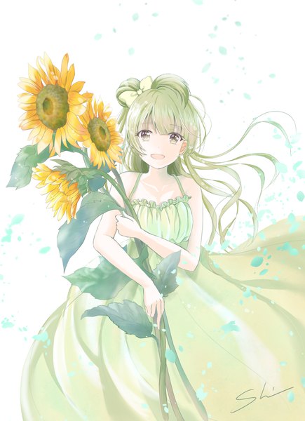 Anime picture 756x1041 with love live! school idol project sunrise (studio) love live! minami kotori shino (shinderera) single long hair tall image looking at viewer open mouth bare shoulders brown eyes signed green hair wind girl dress flower (flowers) bow hair bow