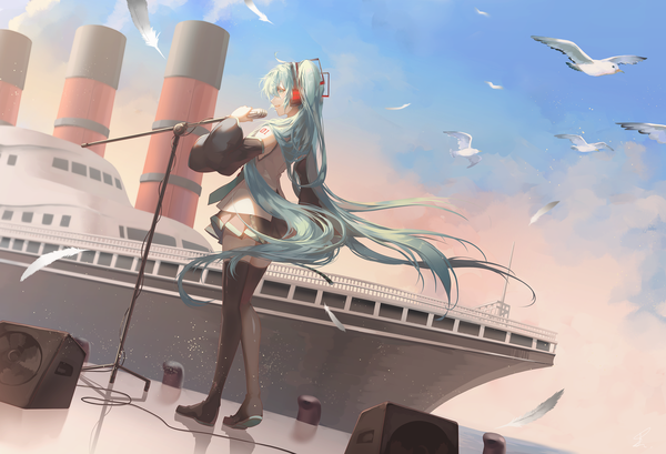 Anime picture 2519x1718 with vocaloid hajimete no oto (vocaloid) hatsune miku saihate (d3) single looking at viewer fringe highres open mouth hair between eyes standing twintails holding sky cloud (clouds) full body ahoge outdoors very long hair pleated skirt