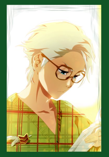 Anime picture 1609x2309 with bleach studio pierrot hitsugaya toushirou ironizer single tall image short hair blonde hair white background aqua eyes coloring framed boy glasses feather (feathers)