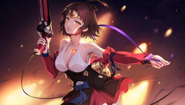 Anime picture 1920x1091 with koutetsujou no kabaneri wit studio mumei (kabaneri) yijian ma single looking at viewer blush highres short hair breasts black hair wide image brown eyes ahoge dark background girl ribbon (ribbons) weapon detached sleeves gun