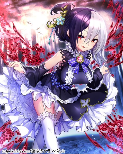 Anime picture 796x1000 with fuji minako single tall image looking at viewer short hair red eyes purple hair white hair multicolored hair two-tone hair girl thighhighs dress hair ornament detached sleeves white thighhighs frills